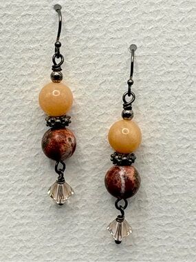 Handcrafted Peach Coral and Leopard Skin Jasper Bead Dangle Earrings